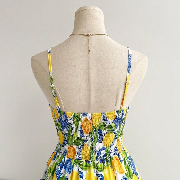 Multicolor Boho Women's Spaghetti Strap V-Neck Knotted Waist A-Line Midi Dress - Picture 3 of 7